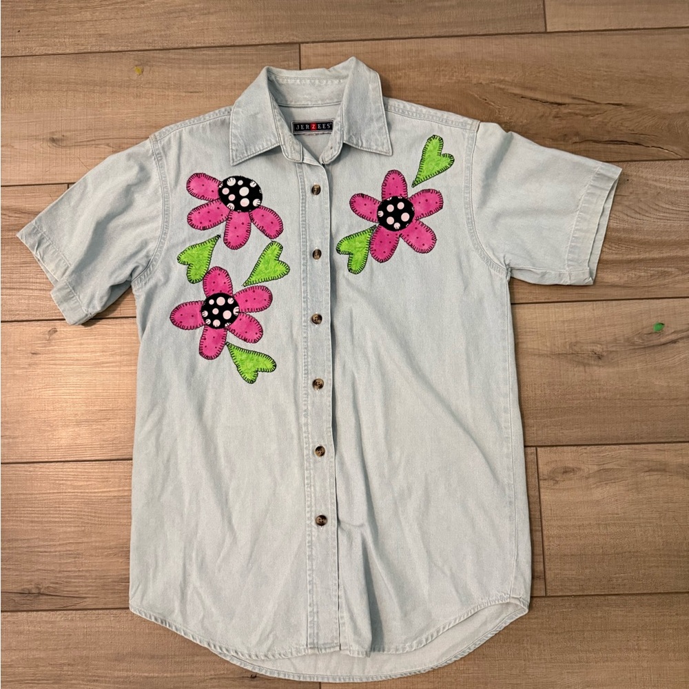 Jerzees Lightweight Denim Button Down Floral Patchwork Shirt